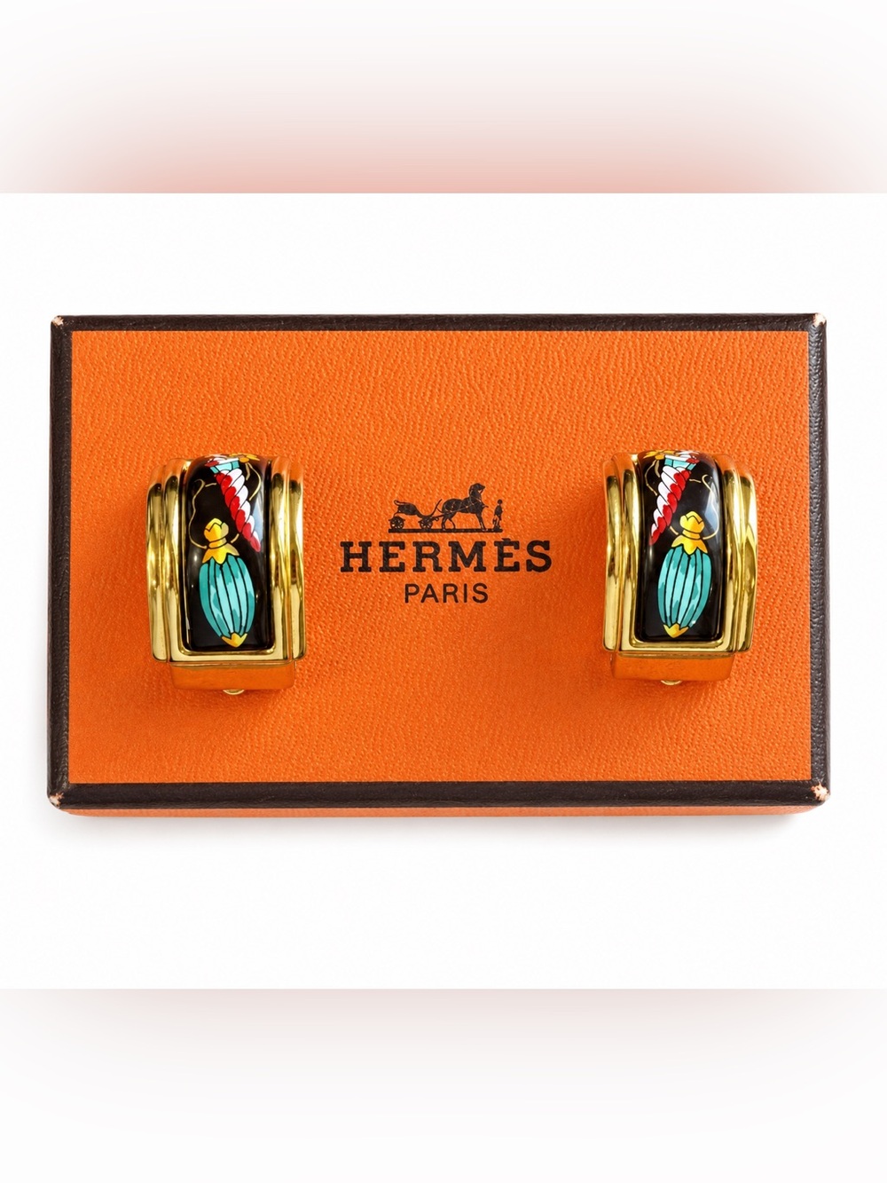 Hermes Vintage Cloisonne' Scarab w/ Enamel Gold Tone Clip on Earrings with box